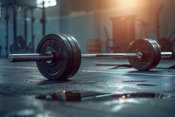 Wall Mural - A pair of dumbbells or weight plates sitting on the floor of a modern gym