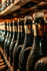 Wall Mural - A collection of wine bottles stored on a wooden shelf