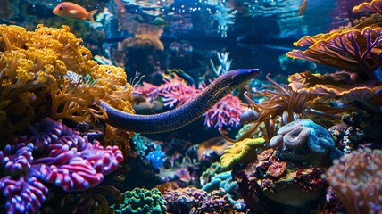 An aquarium with an eel weaving through vibrant coral reefs, surrounded by colorful fish and marine plants, creating a lively underwater scene.