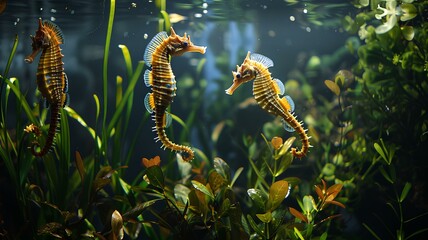 Seahorses floating gracefully in a serene aquarium setting, surrounded by lush aquatic plants.