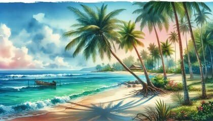 Canvas Print - Tropical Paradise: Tranquil Beach Scene with Palm Trees - A picturesque scene showcasing a serene beach with vibrant blue waters, lush palm trees, and a peaceful atmosphere