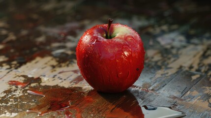 Poster - A single red apple sits on a wooden table, highlighting its vibrant color and texture