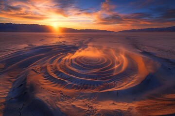 Wall Mural - A sand vortex in the middle of a calm desert at sunset