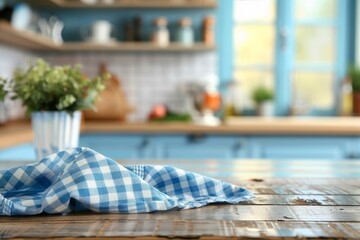 kitchen wooden table with blurred kitchen in the background