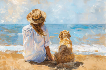 Wall Mural - A woman in a straw hat and a white shirt sits on a sandy beach with her dog, both gazing out at the blue ocean and bright sky