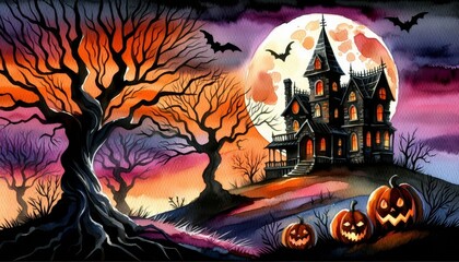 Canvas Print - Haunted House Under a Full Moon - A spooky, watercolor painting of a haunted house standing under a full moon, surrounded by trees, with three jack-o'-lanterns in the foreground.