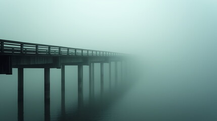 Wall Mural - Bridge shrouded in mist with only the outline visible, the thick fog creating an ethereal atmosphere