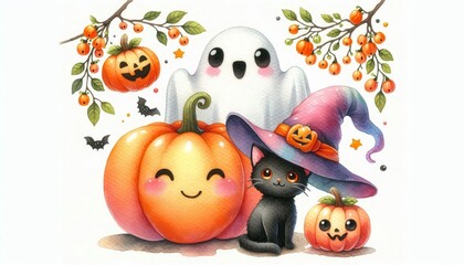 Canvas Print - Cute Halloween Characters Watercolor Illustration - A whimsical watercolor illustration featuring a black cat wearing a witch hat, a friendly ghost, and smiling pumpkins