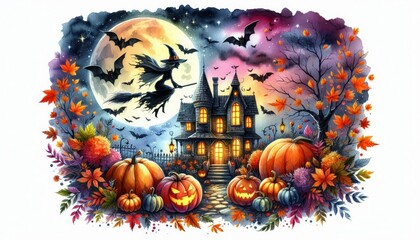 Canvas Print - Spooky Halloween Night with a Witch Flying Over a Haunted House - A watercolor painting depicting a spooky Halloween night with a witch flying on a broomstick over a haunted house, illuminated   