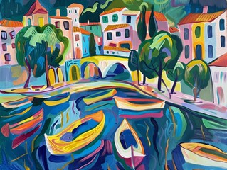 Wall Mural - A colorful painting depicting boats docked in a harbor town with a bridge and buildings