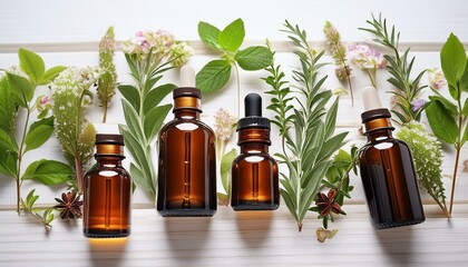 A row of four different colored bottles of essential oils are displayed on a wooden table. The bottles are arranged in a way that they appear to be growing out of the table