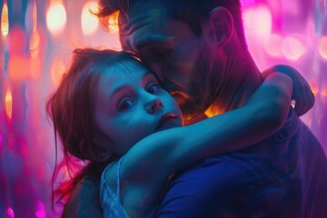 Wall Mural - A man embracing a small child in front of vibrant lighting, possibly at an event or celebration