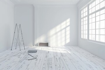 An empty white room with two ladders, a paint roller, and sunlight streaming through a window