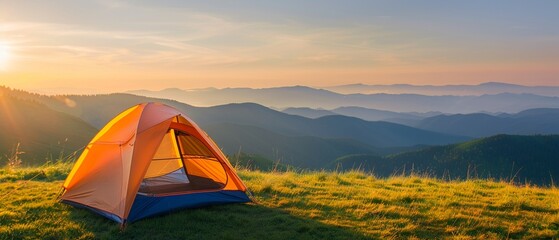 Vibrant tent on a grassy slope, bathed in early morning sunlight with mountain ranges in the background, emphasizing natural beauty and adventure, sunrise glow