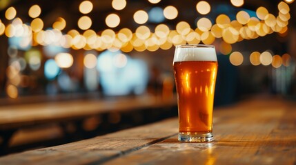 Glasses of beer on a long table in a packed beer hall, traditional festival setting with people in the background, lively and convivial, warm light and festive decorations