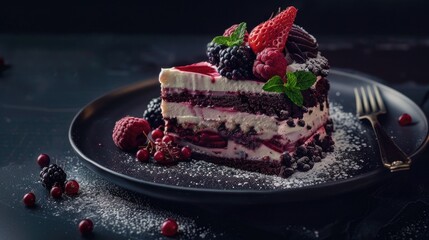 A slice of cake topped with fresh berries, perfect for dessert or snack