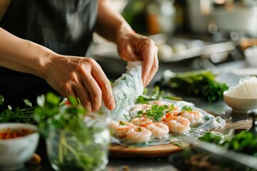 A closeup shot of hands carefully wrapping shrimp in rice paper, surrounded by fresh herbs and ingredients on the kitchen counter, capturing a moment during cooking for homemade Vietnamese spring roll