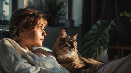 A woman lies in bed surrounded by her feline companion