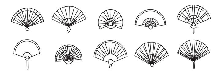 Collection of Japanese fans icon set isolated in doodle style. Hand drawn vector art.