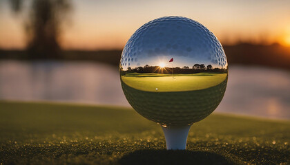 A golf ball is going to drop into a cup in the evening.