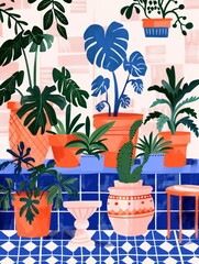 A vibrant illustration featuring potted plants of various types and sizes, displayed on a blue tile floor with a pink and white background