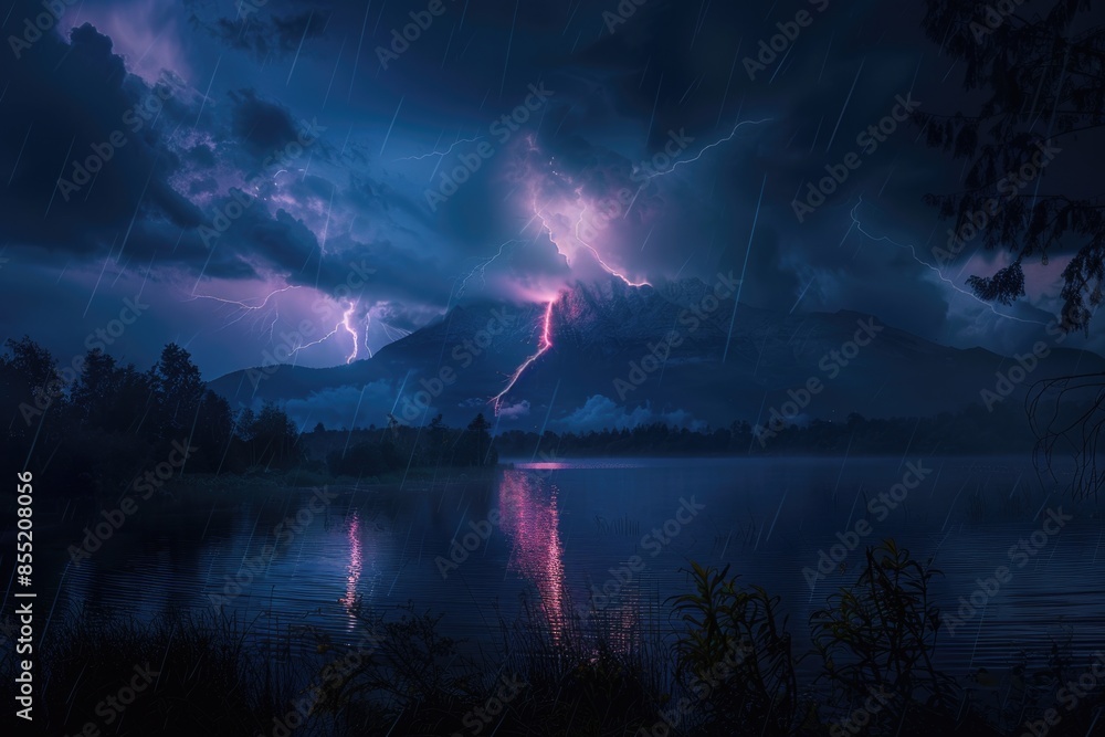 A powerful lightning bolt striking down from the dark sky, illuminating ...