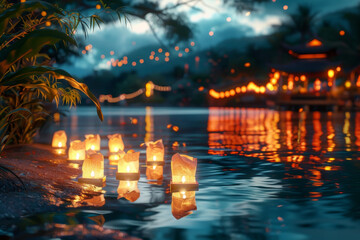 Canvas Print - A serene scene of a body of water with a group of lit candles floating on it