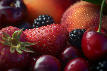 Wall Mural - A close up of a bunch of red fruit including cherries, strawberries, and plums