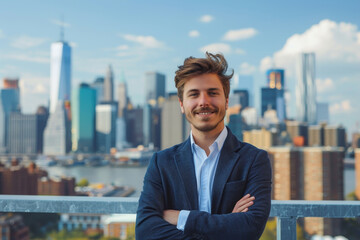 Wall Mural - A man in a suit is smiling and posing for a picture in front of a city skyline