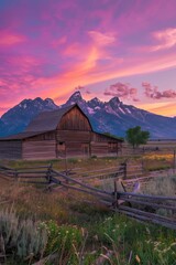 Rustic barn in a green field surrounded by mountains