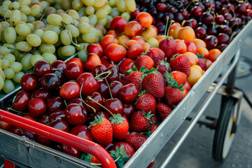 Wall Mural - A cart full of fruit including cherries and strawberries