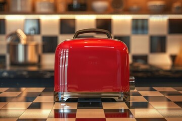 Wall Mural - A red toaster sitting on a kitchen counter, ready for use