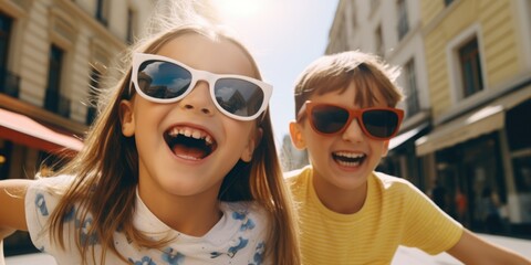 Two young children enjoying the sun in an urban setting, ideal for use in editorial or commercial contexts where a carefree atmosphere is needed