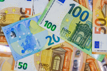 Wall Mural - Background of the european union fifty, twenty and one hundred euro banknotes