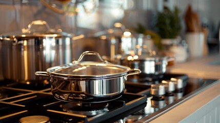 Modern kitchen with shiny stainless steel cookware on a gas stove. Pots and pans ready for cooking delicious meals. Home cooking concept with a contemporary style showcasing the cookware. AI