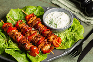 Sticker - Mediterranean Grilled chicken kabobs or kebabs, made with marinated chicken and red bell peppers, threaded onto skewers. Greek Tzatziki sauce made with yogurt, grated cucumber, lemon juice