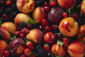 A close up of a variety of fruits including apples, cherries, and strawberries