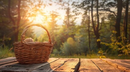 Wall Mural - Basket on wooden table and forest landscape.