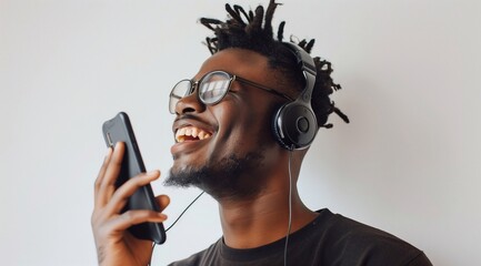 Wall Mural - smiling young african american man using mobile phone and answering calls over headphones on white background.