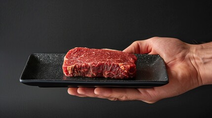 Wall Mural - A raw steak is presented on a black rectangular plate against a dark background. Close-up of a fresh red meat. Perfect for food industry, restaurant menus, and culinary magazines. AI