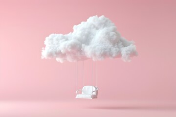 Wall Mural - 3d render of white cloud with chair hanging on it, flying in pink background, minimal concept 
