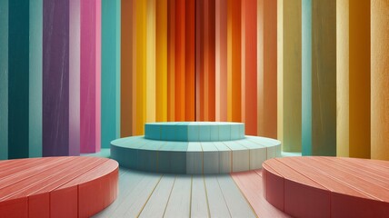 Wall Mural - A round podium with steps, on a background of wooden striped in different colors. An empty showcase for displaying goods. 3D rendering.