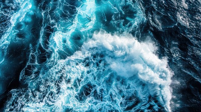 aerial top view background photo of ocean sea water white wave splashing in the deep sea