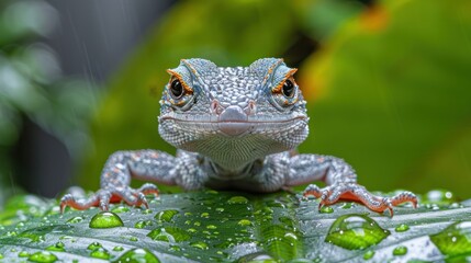 Poster - Close-up Portrait of a Curious Lizard on a Dew-Covered Leaf