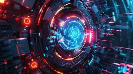 Technology digital circle style HUD interface display time machine neon light Background wallpaper AI generated image