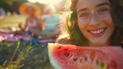 Wall Mural - A woman is happily holding a slice of Citrullus, also known as watermelon, with a big smile on her face. The natural fruit is a tasty and refreshing food, perfect for a hot day AIG50