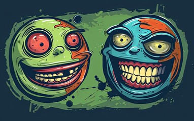 Wall Mural - A cute pair of happy and laughing emoticons. The concept of social media and communication. Abstract emotional face. Facial expression. Sphere. Illustration for cover, card, poster or presentation.