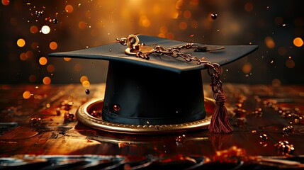 Canvas Print - Floating graduation cap with a diploma background