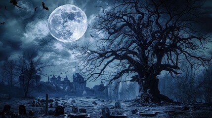 graveyard cemetery to castle in spooky scary dark night full moon and bats on dead tree