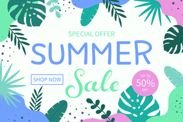Wall Mural - Summer Sale design. Holiday background with tropical leaves. Vector illustration